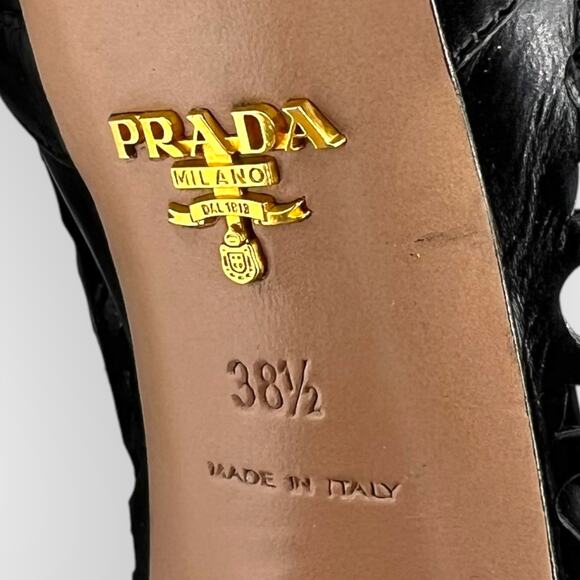Prada Womens Heels Perforated Lace-Up Platform Black Leather Peep Toe - Picture 6 of 15